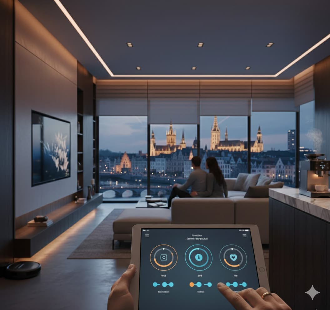 Woonkamer in de avond met domotica-bediening op een tablet en zicht op een Vlaamse skyline