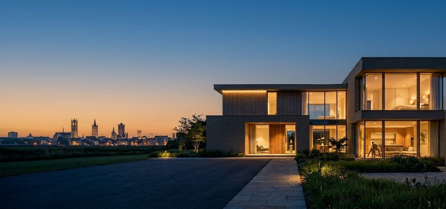 Moderne villa bij schemering met warm verlichte ramen en de skyline van Gent aan de horizon