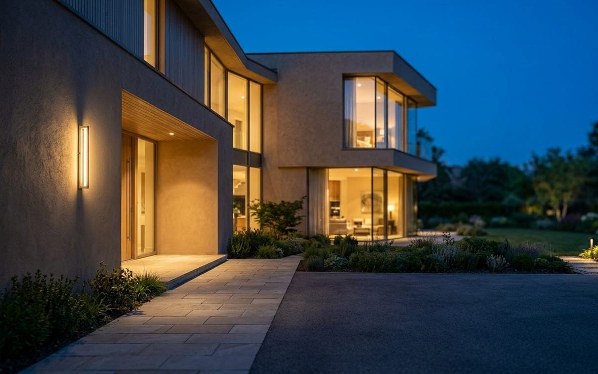 Moderne villa bij avond met warm verlichte ramen en buitenverlichting