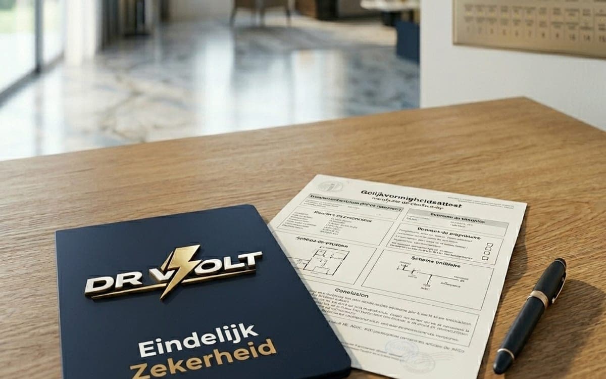 Keuringsattest en pen op een houten tafel in een premium woning