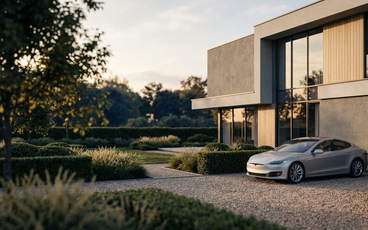 Elegante elektrische wagen aan een laadpaal bij een moderne villa in avondlicht