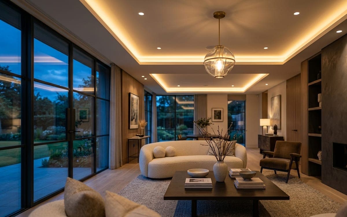 Sfeervolle architecturale verlichting in een moderne woonkamer bij valavond